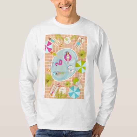 ビキニの女の子と男遊のスイミングプールゲーム Tシャツ (正面)
