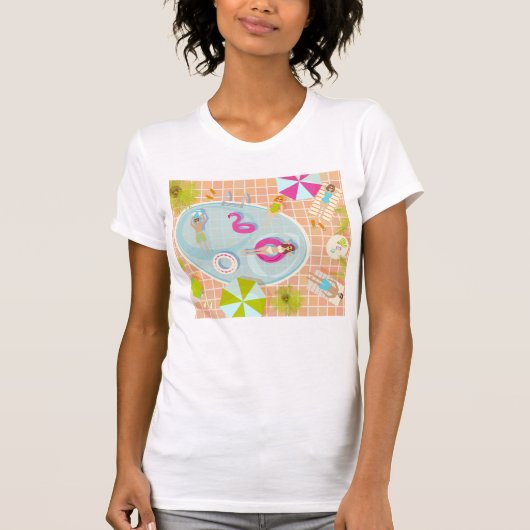 ビキニの女の子と男遊のスイミングプールゲーム Tシャツ (正面)