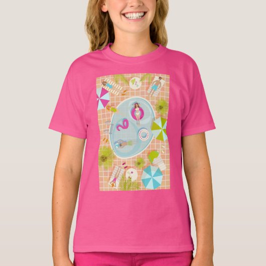ビキニの女の子と男遊のスイミングプールゲーム Tシャツ (正面)