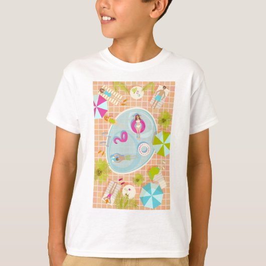 ビキニの女の子と男遊のスイミングプールゲーム Tシャツ (正面)