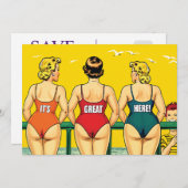 ビキニの美しい女性がビーチにおもしろい、 セーブザデート (正面/裏面)