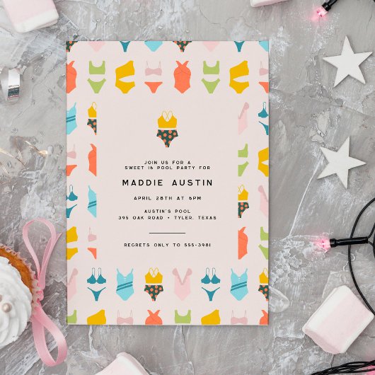 ビキニモダントゥイーン10代の誕生日プールパーティー 招待状