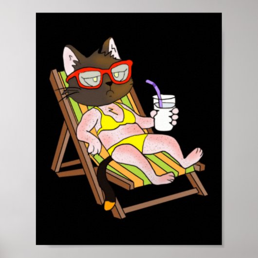ビキニ姿の猫がビーチチェアに座って飲み物を飲んでいる ポスター (正面)