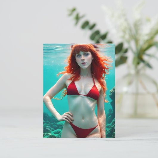 ビキニ海中はがき入り赤毛女性 ポストカード (スタンド正面)