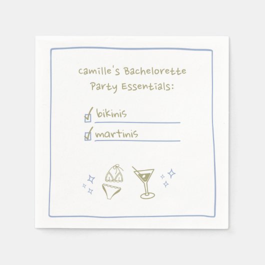 ビキニ&マルティニ手書きバチェロレッテ スタンダードカクテルナプキン (正面)