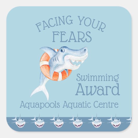 ビギナーのスイミングアワードに直面しているサメ スクエアシール (正面)
