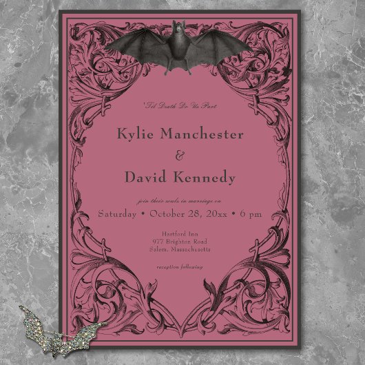 ビクトリアンこうもりトゥルデス・ブラック&ワイン結婚ズ 招待状