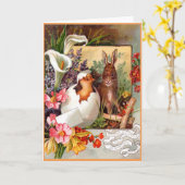 ビクトリアンなイースターカード-バニーおよびひよこ カード (黄色い花)