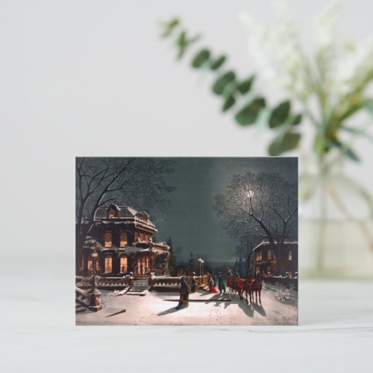 ビクトリアンなクリスマスイブのパーティーの大邸宅のそりの雪 ポストカード (スタンド正面)
