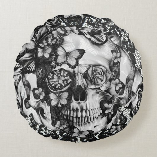 ビクトリアンなゴシック様式の蝶レースのスカル ラウンドクッション (正面)