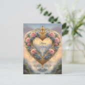 ビクトリアンなゴールドのハートに花とメッセージ ポストカード (スタンド正面)