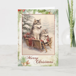 ビクトリアンなシベリアンハスキーの子犬のクリスマス シーズンカード
