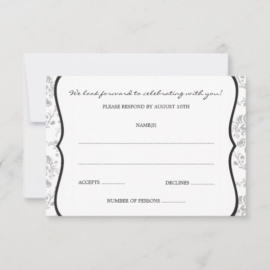 ビクトリアンなダマスク織(黒い) RSVPまたは応答カード 出欠カード (正面)