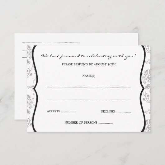 ビクトリアンなダマスク織(黒い) RSVPまたは応答カード 出欠カード (正面/裏面)