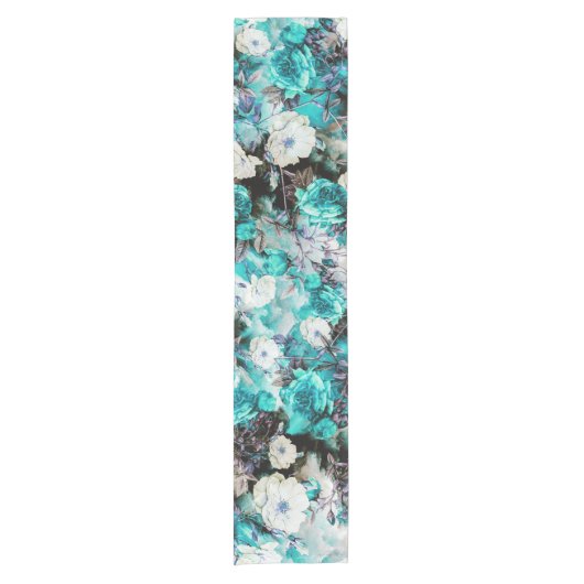 ビクトリアンなバラの花のターコイズのティール（緑がかった色）の白い黒 ショートテーブルランナー (正面)