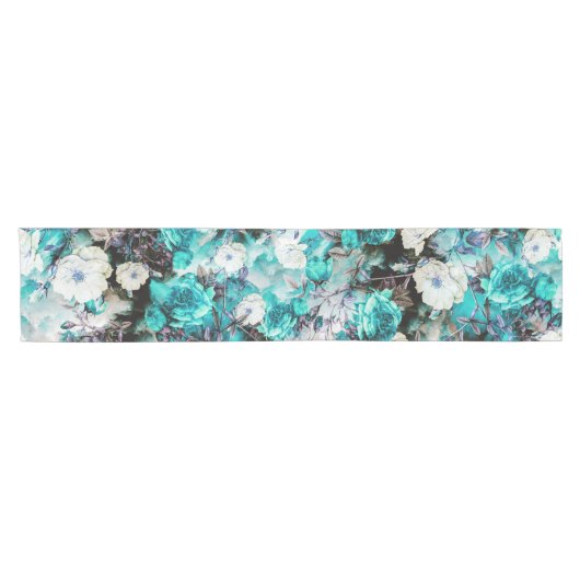 ビクトリアンなバラの花のターコイズのティール（緑がかった色）の白い黒 ショートテーブルランナー (横)