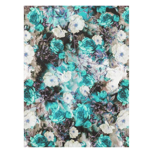 ビクトリアンなバラの花のターコイズのティール（緑がかった色）の白い黒 テーブルクロス (正面)