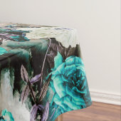 ビクトリアンなバラの花のターコイズのティール（緑がかった色）の白い黒 テーブルクロス (インサイチュ)