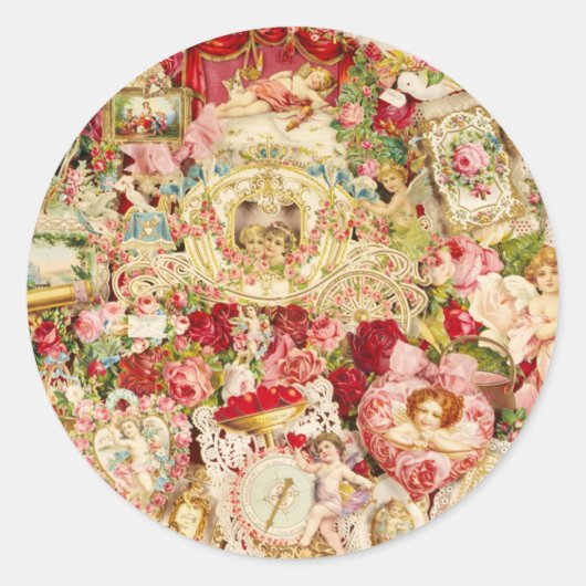 ビクトリアンなバレンタインのコラージュのステッカー ラウンドシール (正面)