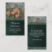 ビクトリアンなピンクのダマスク織バラの青い名刺 名刺 (正面/裏面)