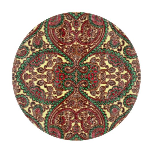 ビクトリアンなペイズリー柄のエレガントな赤緑金 カッティングボード (正面)
