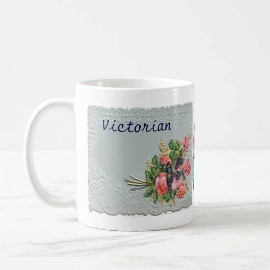 ビクトリアンなヴィンテージの花柄、レース、青い鳥のコーヒーC コーヒーマグカップ (左)