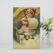 ビクトリアンなヴィンテージレトロの子供および猫のクリスマス 便箋 (スタンド正面)