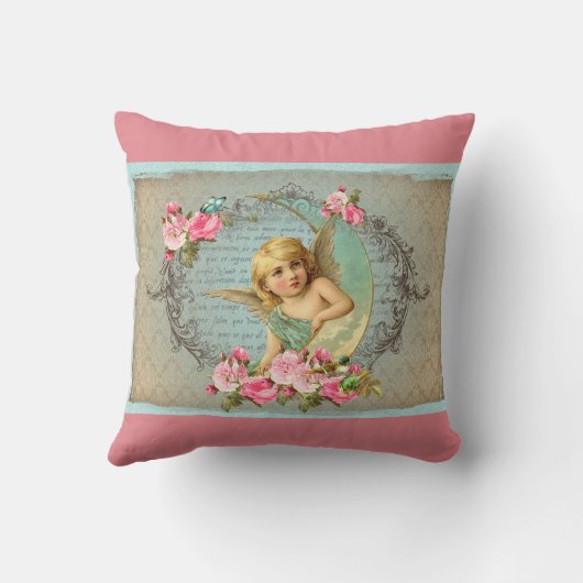 ビクトリアンな天使のヴィンテージの青いローズピンクのアンティーク クッション (裏面)