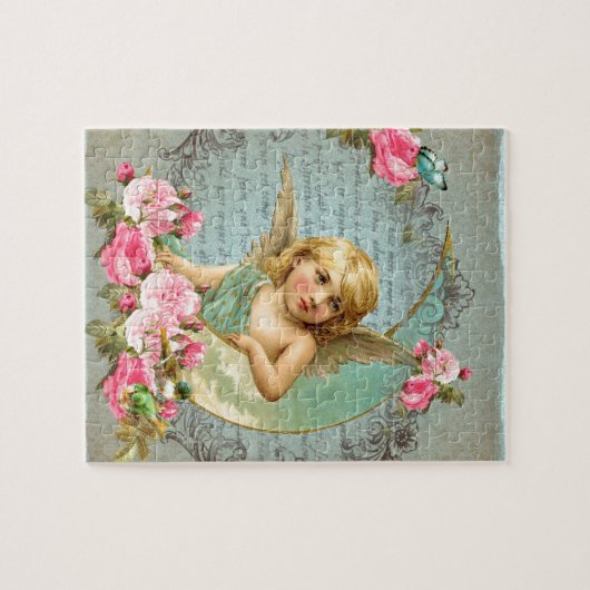 ビクトリアンな天使のヴィンテージの青いローズピンクのアンティーク ジグソーパズル (横)
