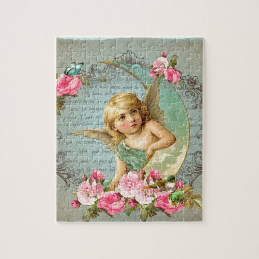 ビクトリアンな天使のヴィンテージの青いローズピンクのアンティーク ジグソーパズル (縦)