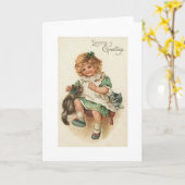ビクトリアンな女の子および子ネコのセントパトリックの日カード カード (黄色い花)