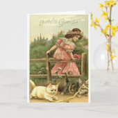 ビクトリアンな女の子および子ネコのバースデー・カード カード (黄色い花)