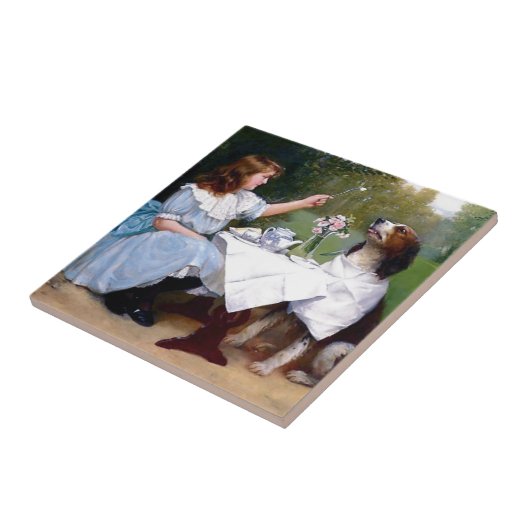 ビクトリアンな女の子の飼い犬のテーブルマナーの絵を描くこと タイル (側面)