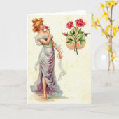 ビクトリアンな女性および赤いバラのメッセージカード カード (黄色い花)