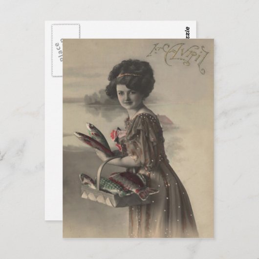 ビクトリアンな女性の魚のポアソンのd'avrilのエイプリルフール ポストカード (正面/裏面)