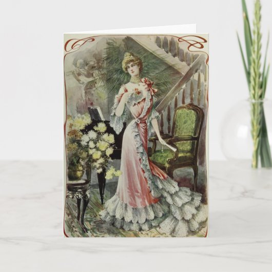 ビクトリアンな女性-ヴィンテージのフランス人のファッション-赤い服 シーズンカード (正面)