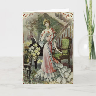 ビクトリアンな女性-ヴィンテージのフランス人のファッション-赤い服 シーズンカード