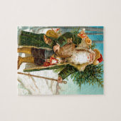 ビクトリアンな緑のビロードのクリスマスサンタクロース ジグソーパズル (横)