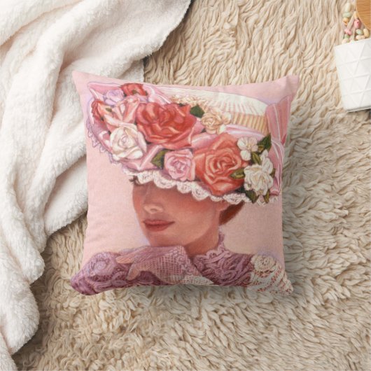 ビクトリアンなArt Pillow女性花のヴィンテージのばら色の帽子 クッション (ブランケット)