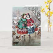 ビクトリアンのスケート場のシーンをプリントしたグリーティングカード カード (黄色い花)