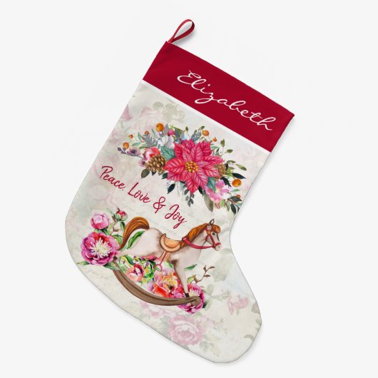 ビクトリアンアンティークロッキングホース&ポインセチア ラージクリスマスストッキング (正面 (吊り時))