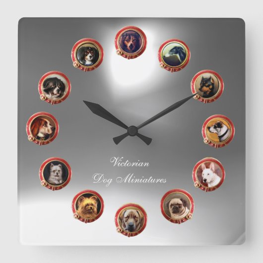ビクトリアンエナメル ミニチュア犬の肖像画 白 スクエア壁時計 (正面)