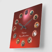 ビクトリアンエナメル ミニチュア犬の肖像画 赤いルビー スクエア壁時計 (傾斜)