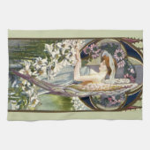 ビクトリアンエンジェルとヴィンテージのイースターリリーの花 キッチンタオル (横)