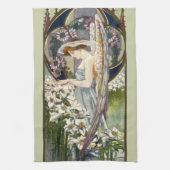 ビクトリアンエンジェルとヴィンテージのイースターリリーの花 キッチンタオル (縦)