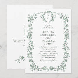 ビクトリアンオーナメントグレイグリーンQRコードウェディング 招待状