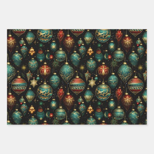 ビクトリアンクリスマスオーナメントと金ゴールドアクセント ラッピングペーパーシート (正面)