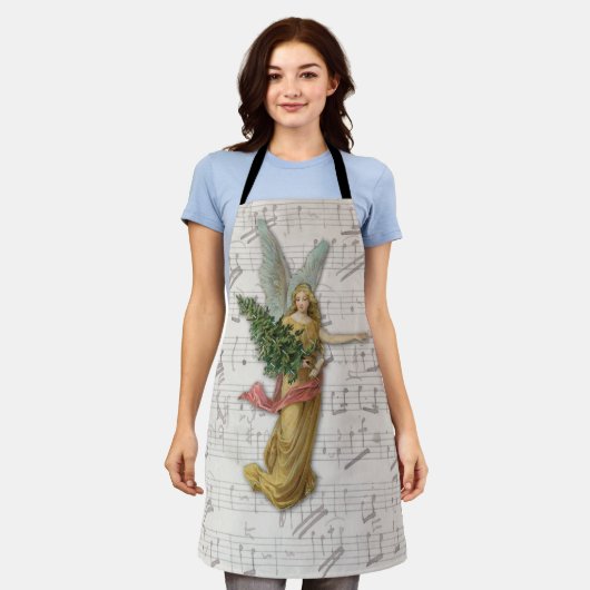 ビクトリアンクリスマスツリーエンジェルアンティークミュージックシート エプロン (着用した状態)