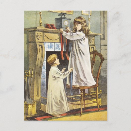 ビクトリアンクリスマス、子どもクリスマスストッキング シーズンポストカード (正面)