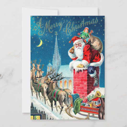 ビクトリアンサンタクロースが煙突から降りてくるクリスマスのベクトルイラスト, ヴィンテージクリスマス 招待状 (正面)